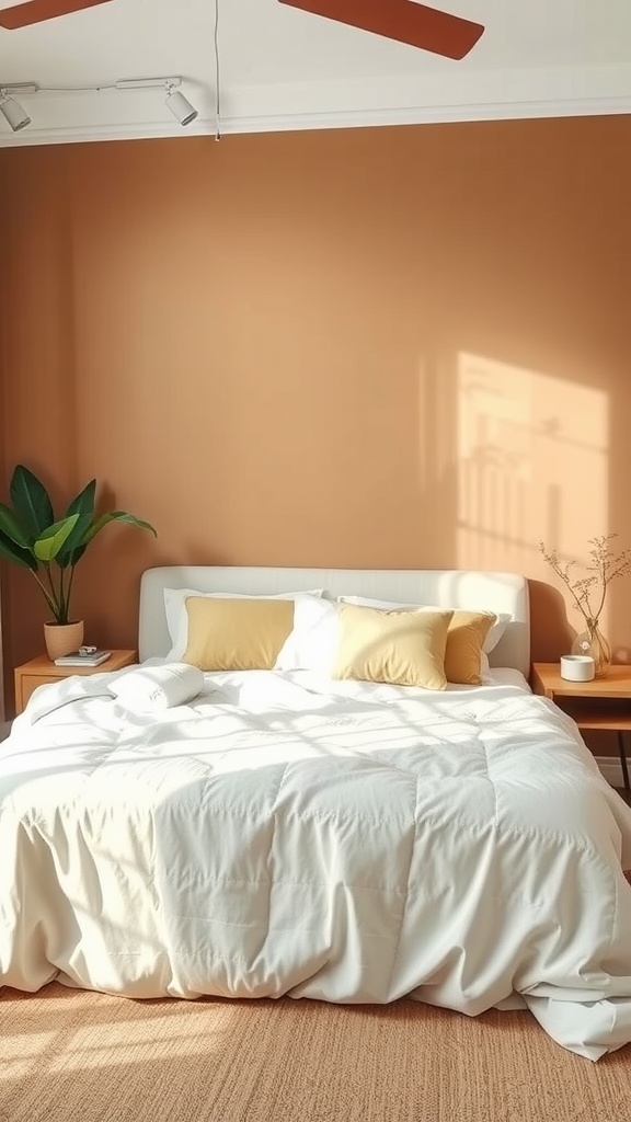 A cozy bedroom with earthy tones, featuring a brown wall, white bedding, and a green plant.