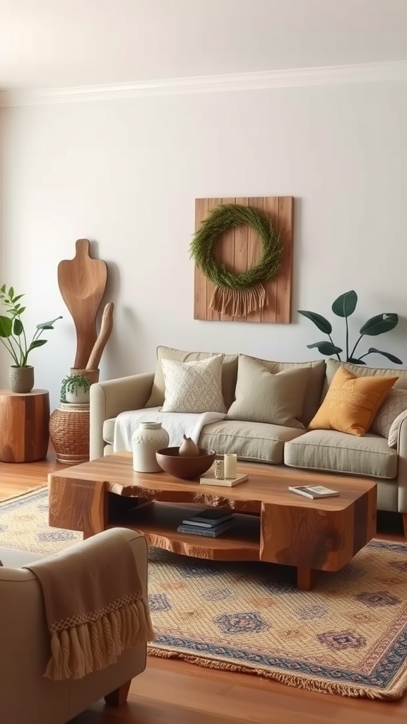 Cozy living room featuring earthy handmade furniture and warm decor