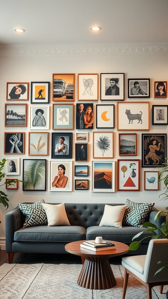 A cozy living room featuring an eclectic gallery wall with various framed art pieces.