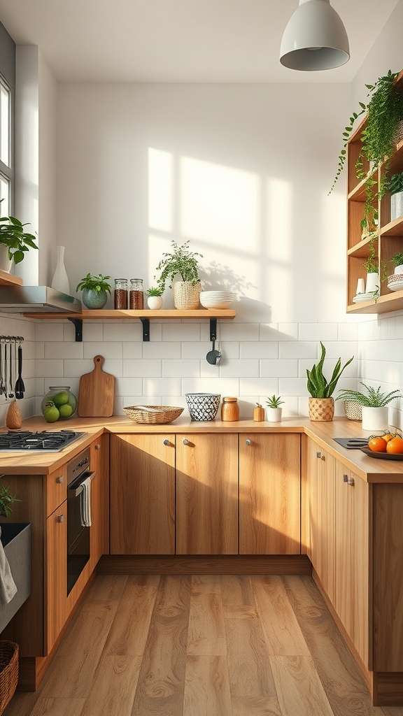 An eco-friendly kitchen featuring wooden cabinets, bright sunlight, and green plants.