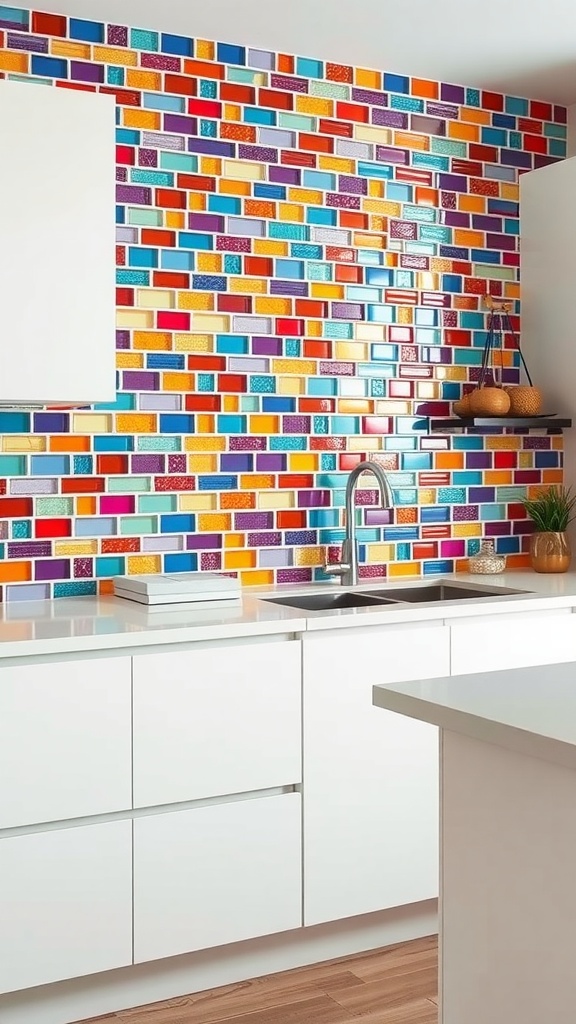 A vibrant kitchen backsplash made of recycled glass tiles in various colors.