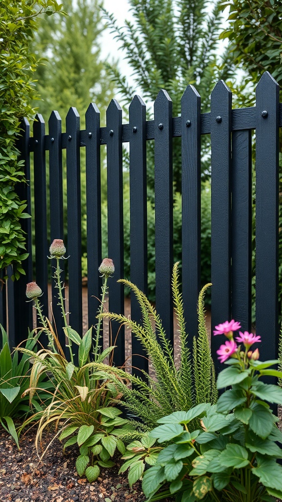 A black wooden fence made from recycled materials, surrounded by green plants and flowers.