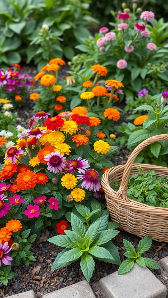Colorful flower bed with a variety of edible flowers and a basket of fresh herbs.