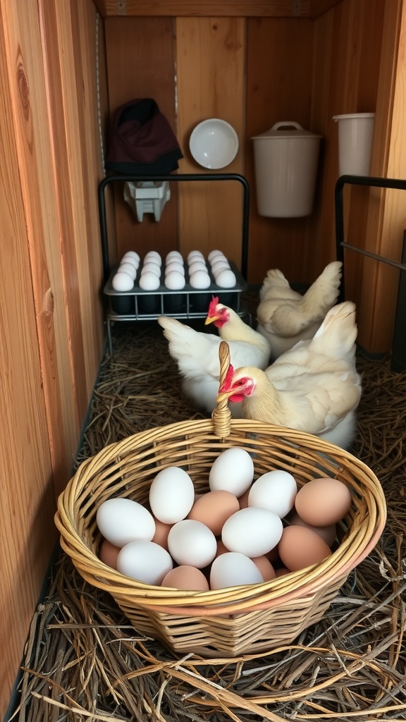 Inside a chicken coop featuring a basket full of eggs and chickens.