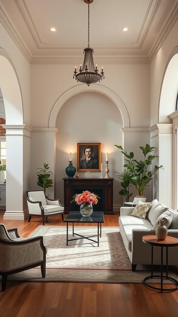 A beautiful living room featuring elegant arched doorways, a chandelier, and stylish furniture.