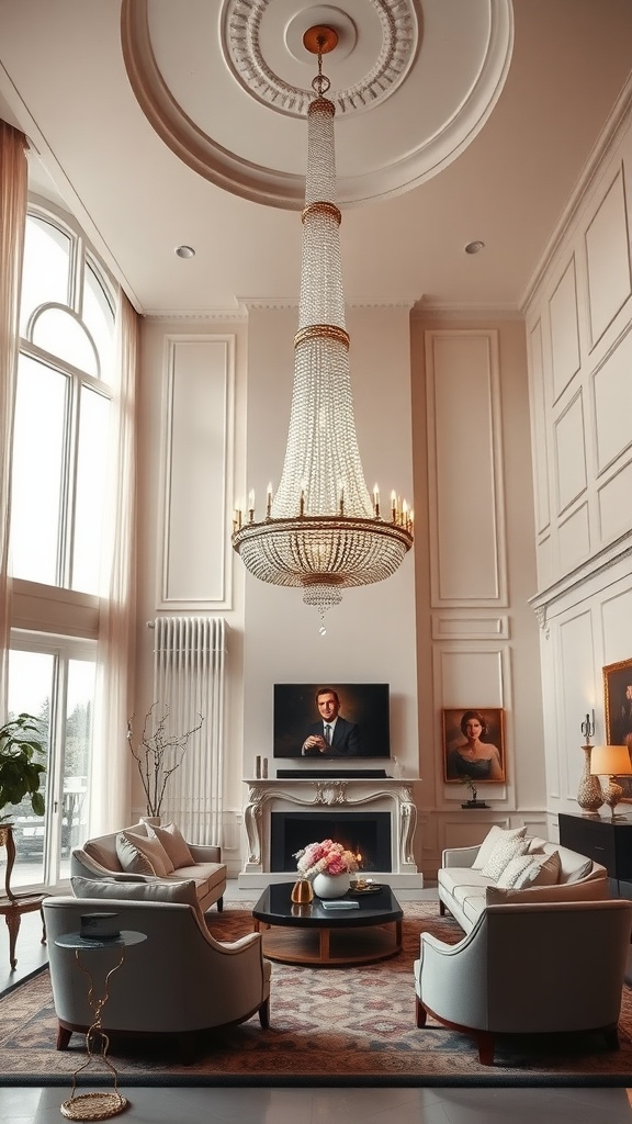 A luxurious living room featuring a grand chandelier, elegant furniture, and tasteful decor.
