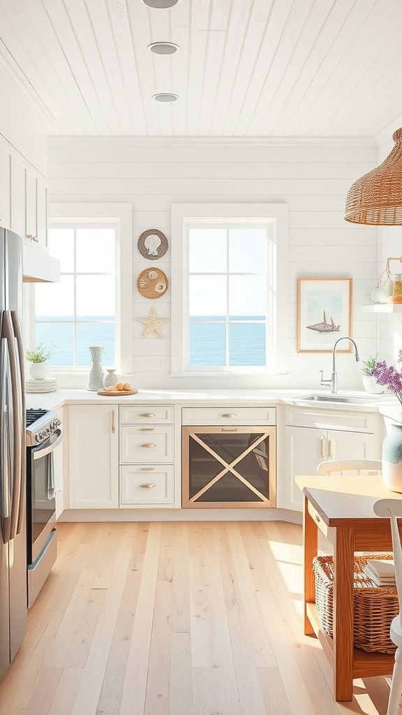 A bright, coastal-themed kitchen with large windows, white cabinetry, and a view of the sea.