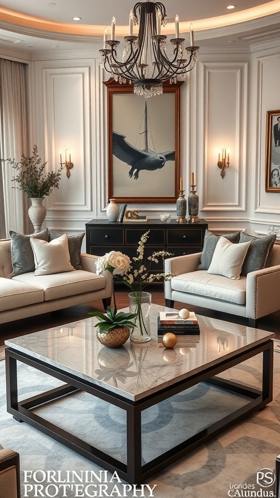 Elegant coffee table with marble top and modern design in a stylish living room.