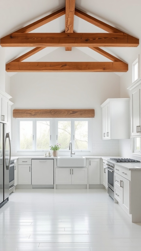 A bright modern farmhouse kitchen featuring white cabinets, wooden beams, and large windows