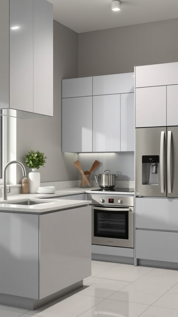 Modern kitchen with monochromatic gray color scheme, sleek cabinets, and minimalist design.