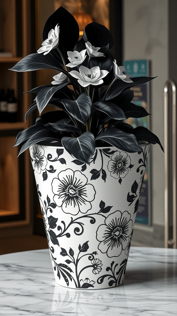 A black and white patterned flower pot with white flowers.