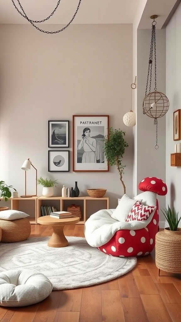 A whimsical living room featuring fantasy-inspired seating options including a mushroom-shaped chair and oversized cushions.
