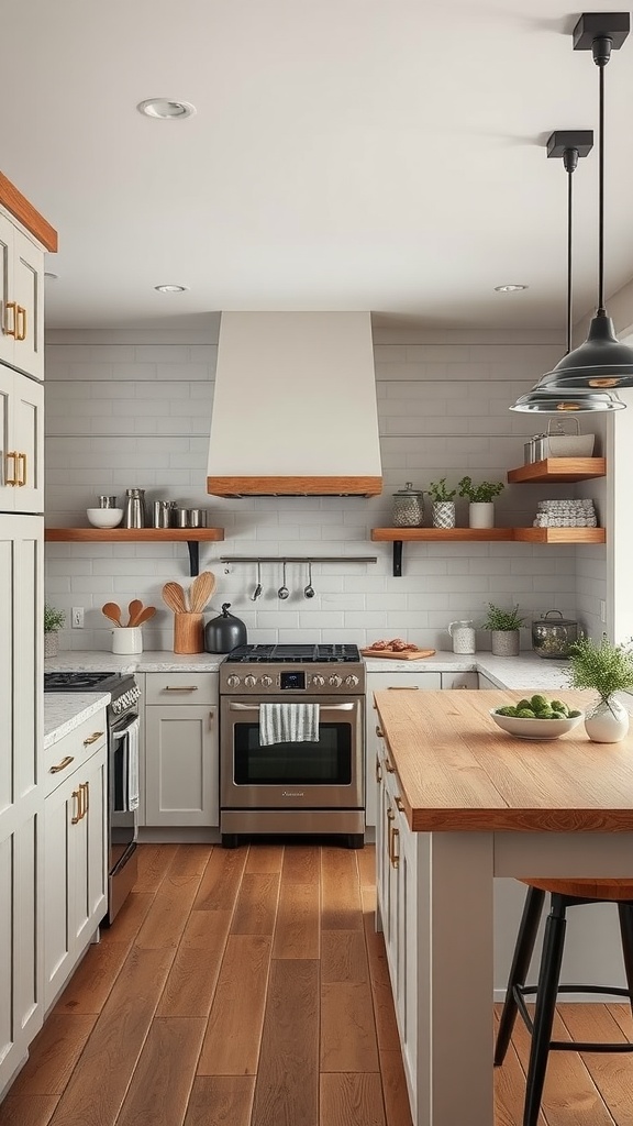 A modern farmhouse kitchen featuring white cabinetry, wooden accents, and sleek appliances