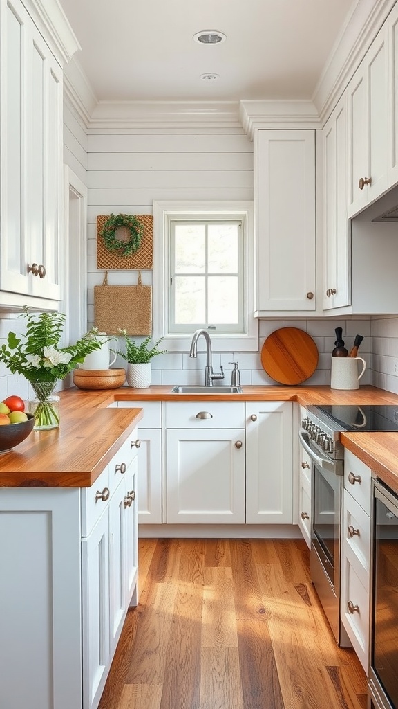 A cozy farmhouse kitchen featuring white Shaker cabinets and wooden countertops.