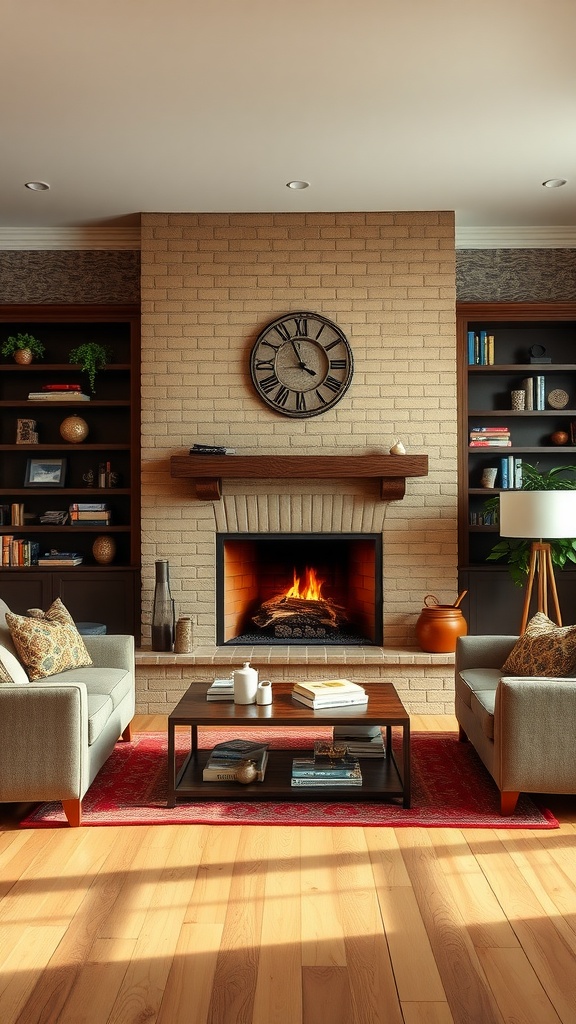 A cozy living room with a fireplace, stylish seating, and a coffee table.