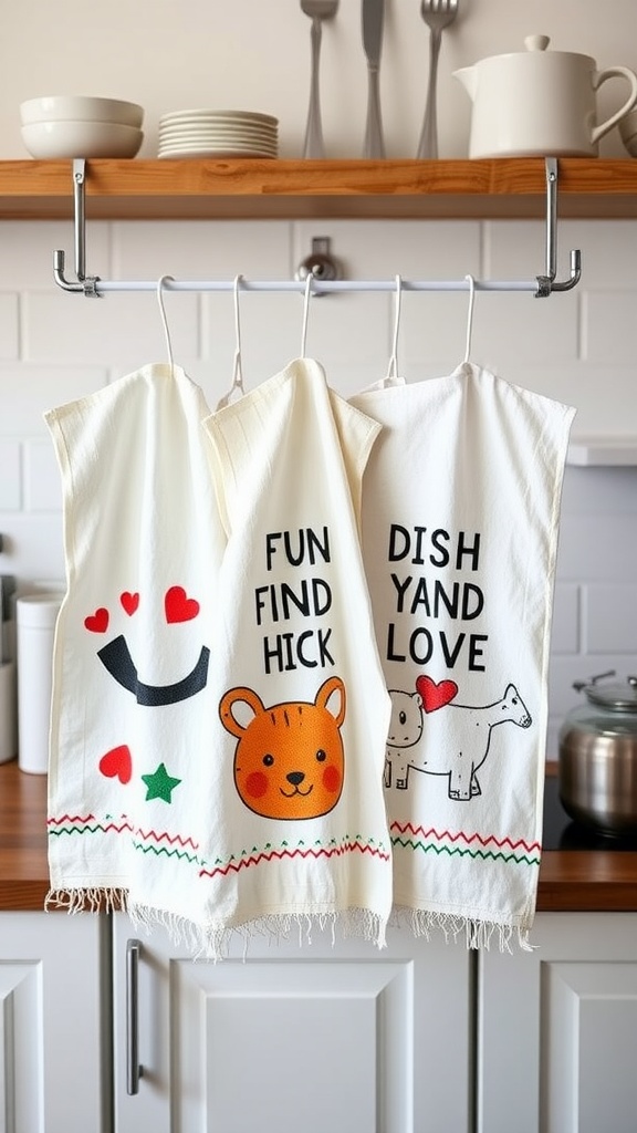 Three fun themed dish towels hanging in a kitchen