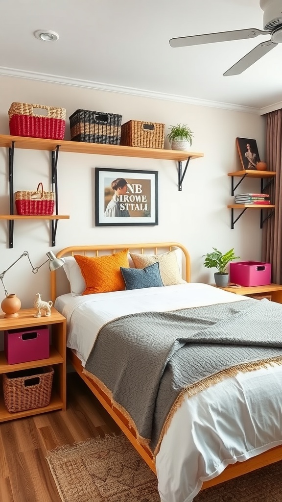 A cozy bedroom featuring colorful storage baskets on shelves, a neatly made bed with decorative pillows, and a bright atmosphere.