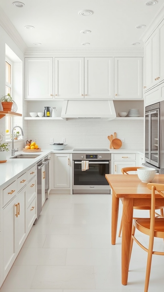 A functional family-friendly all-white kitchen featuring ample storage, a spacious countertop, and a warm wooden dining table.