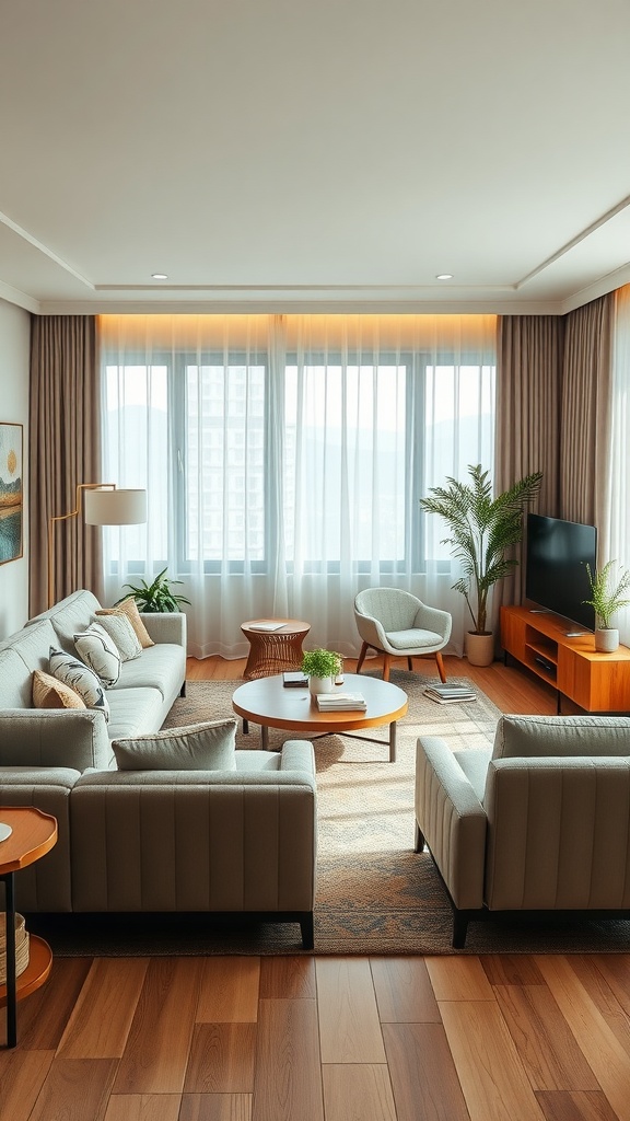 A cozy living room with a sofa, armchairs, coffee table, and large windows.