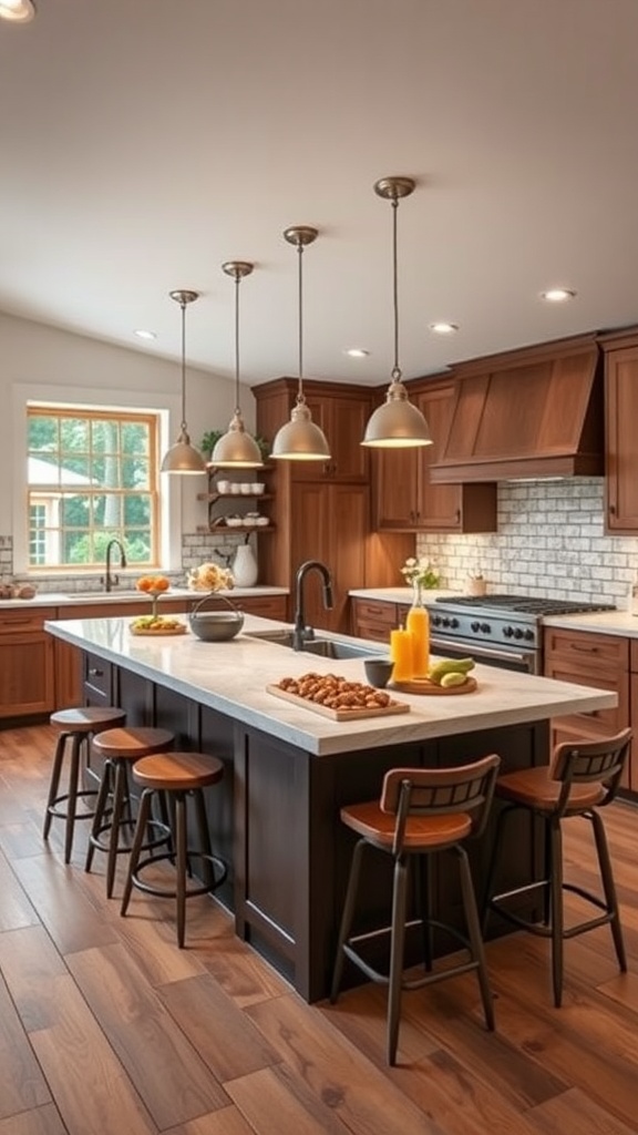 A modern kitchen with a large island featuring bar stools, wooden cabinets, and natural light.