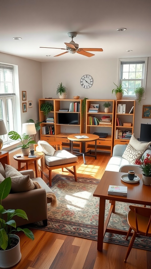 Cozy college living room with a mix of seating, bookshelves, and a coffee table.
