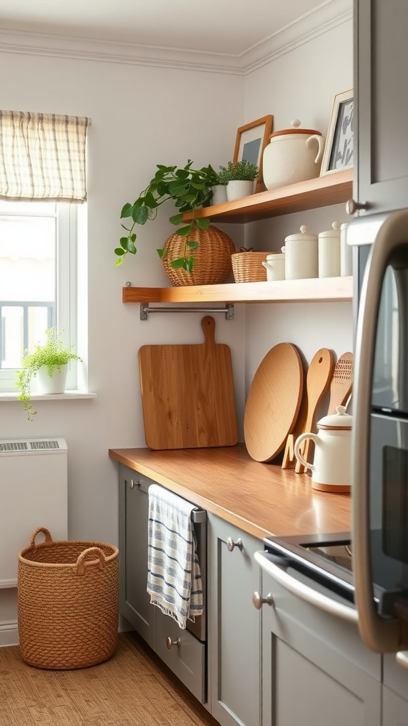 A cozy kitchen with open shelving, wooden countertops, and decorative elements like plants and baskets.