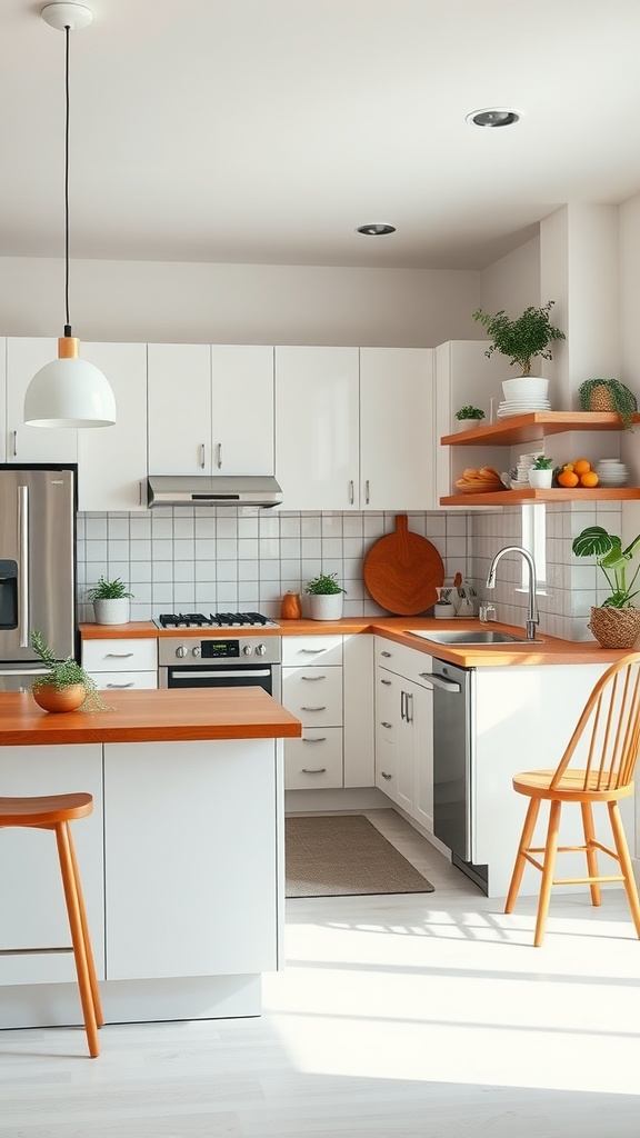 A bright mid-century modern kitchen featuring white cabinets and orange accents.