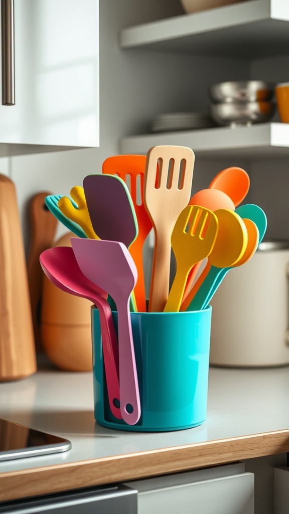A vibrant display of colorful kitchen utensils in a turquoise container on a kitchen countertop.