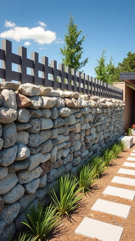 A modern gabion wall made of stones topped with a wooden lattice fence, surrounded by a pathway of stepping stones and greenery.