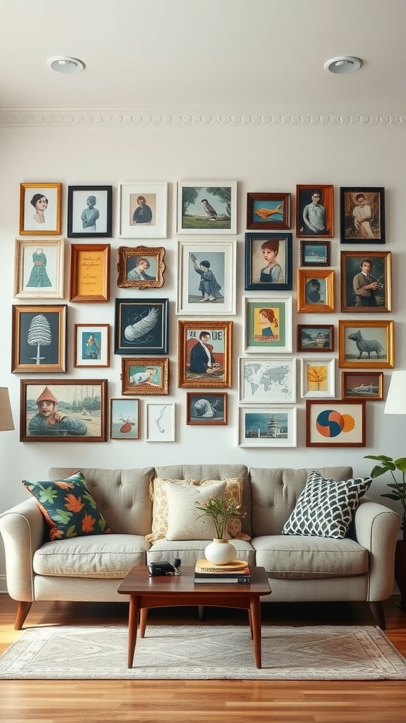 A gallery wall with various framed artworks showcasing a mix of portraits, landscapes, and abstract pieces.