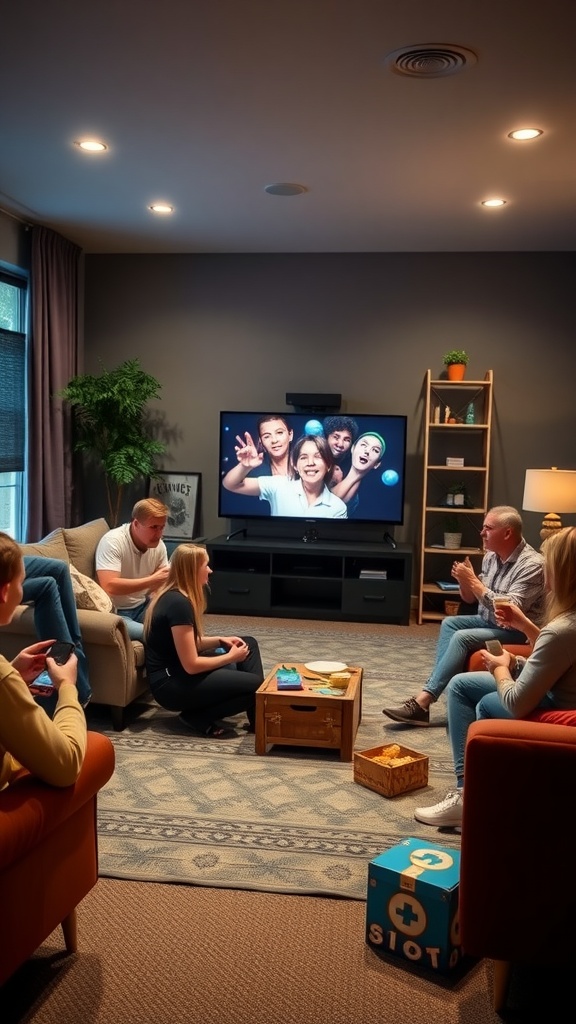 Group of friends enjoying a game night in a cozy living room with snacks and drinks.