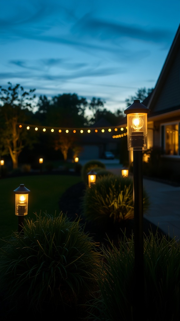 A beautifully lit garden at dusk featuring lantern-style lights and string lights for a warm atmosphere