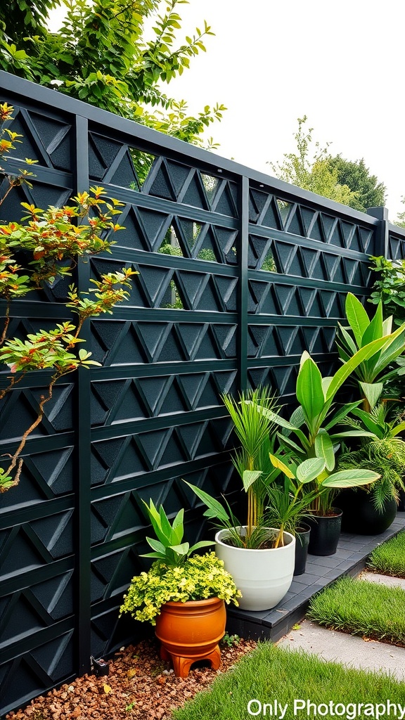 Geometric pattern black garden fence with plants