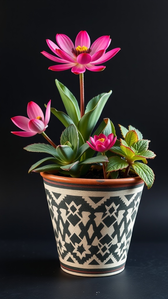 A flower pot featuring geometric patterns with pink flowers and green leaves.