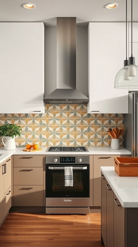 Mid-century modern kitchen with a geometric tile backsplash featuring warm colors.