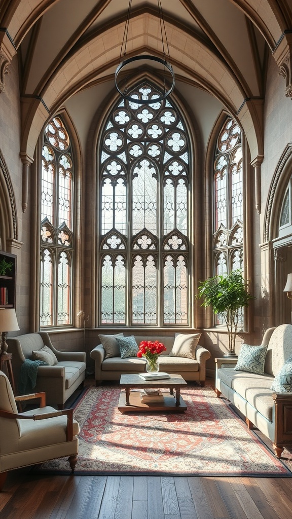 A gothic living room featuring tall arched windows, a vaulted ceiling, elegant furnishings, and a warm color palette.