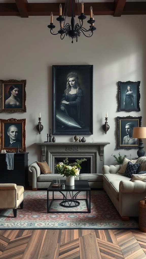 A gothic living room featuring portraits in ornate frames, elegant furniture, and a chandelier.