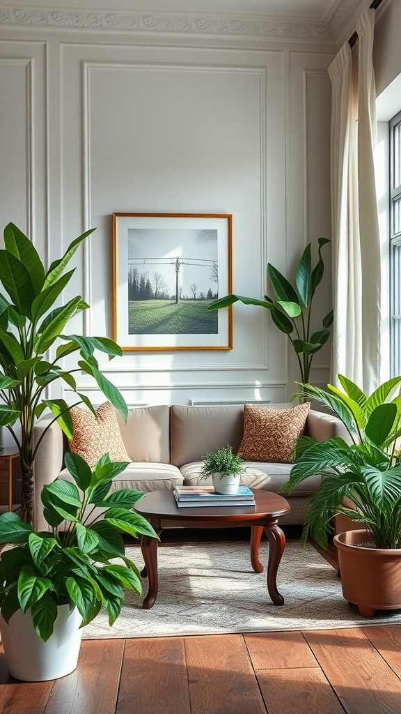 A cozy living room with indoor plants and a beige sofa.