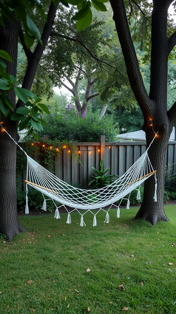 A cozy white hammock hanging between two trees in a green backyard with soft lighting.