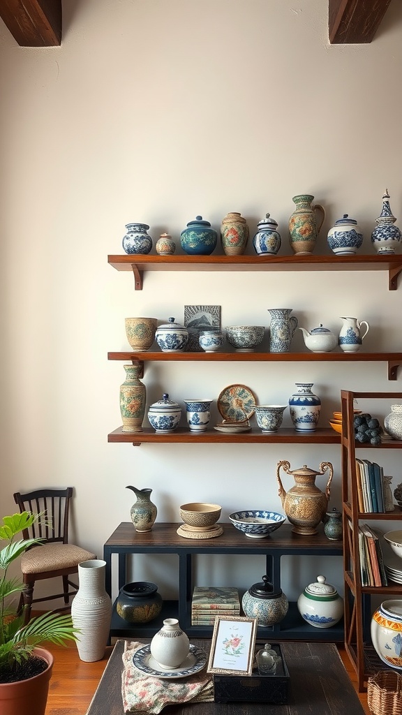 A collection of hand-painted ceramics and pottery displayed on wooden shelves in a living room.