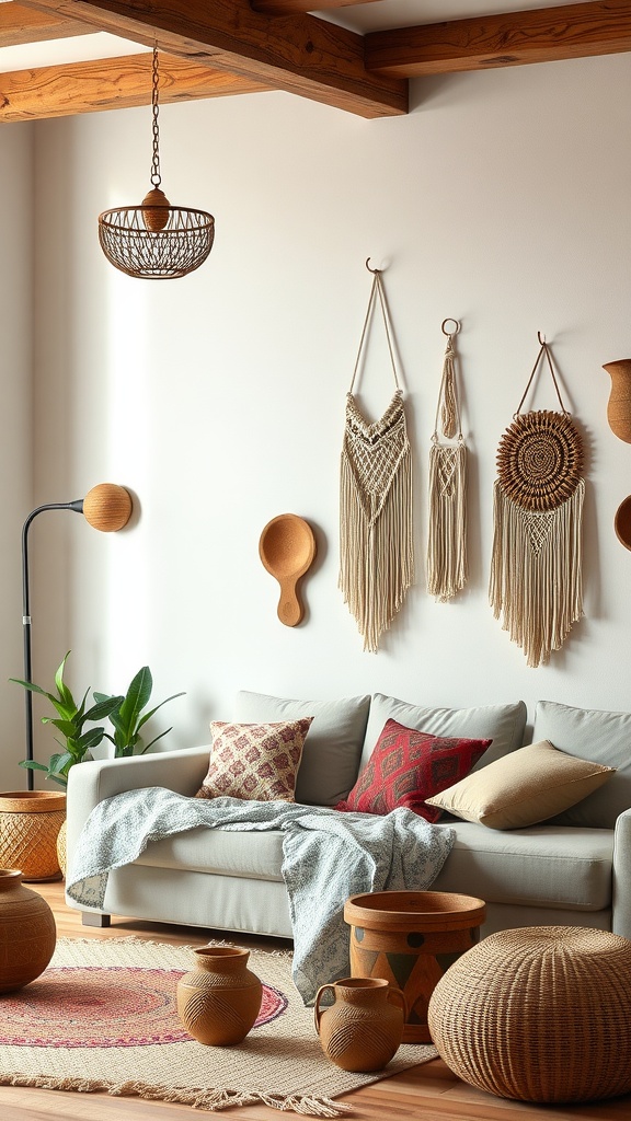 A cozy boho living room featuring handcrafted decor like macrame wall hangings, colorful cushions, and pottery.