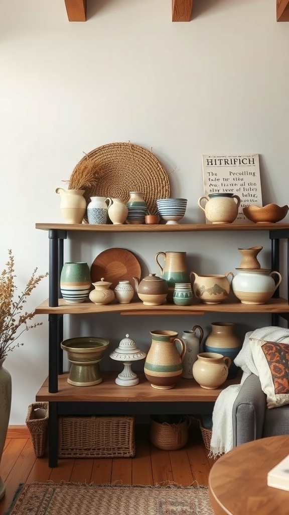 A cozy display of handmade pottery and ceramics on shelves in a living room.