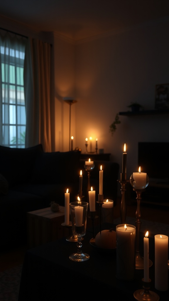 Gothic living room with multiple candles creating a warm, inviting atmosphere
