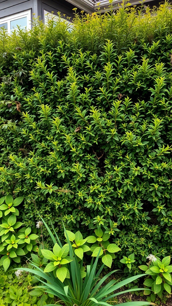 Lush green hedgerow providing natural privacy in a garden setting.