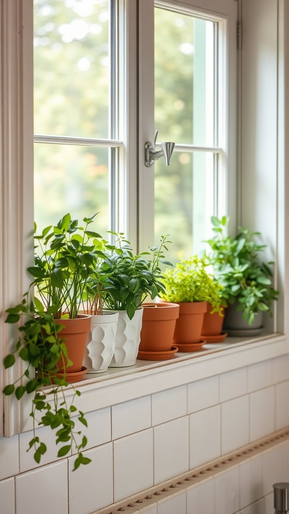 Colorful herb plants in terra cotta pots on a kitchen windowsill