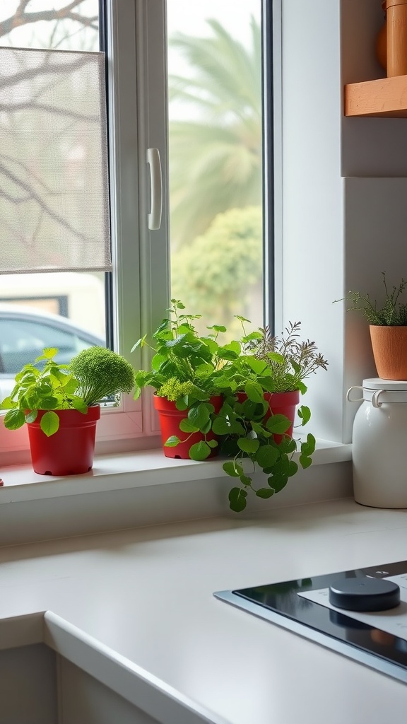 A cozy kitchen with herb pots on the windowsill, featuring vibrant greenery.