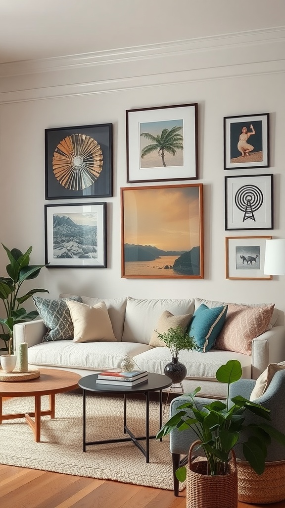 A warm living room featuring a gallery wall with various framed artworks, a comfortable sofa, and plants.