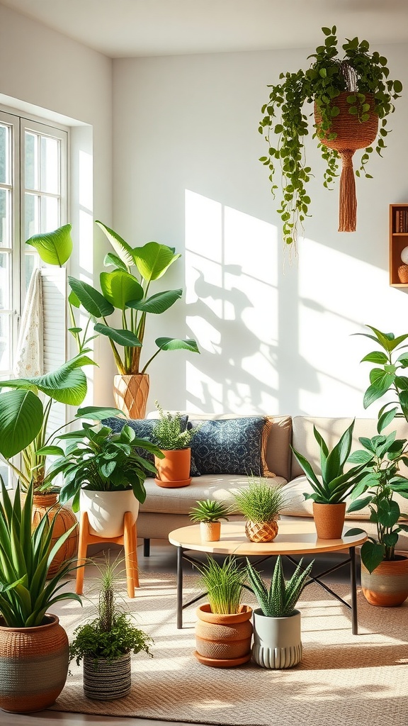 A boho-style living room filled with various indoor plants, including hanging plants and potted greens, showcasing a fresh and vibrant atmosphere.