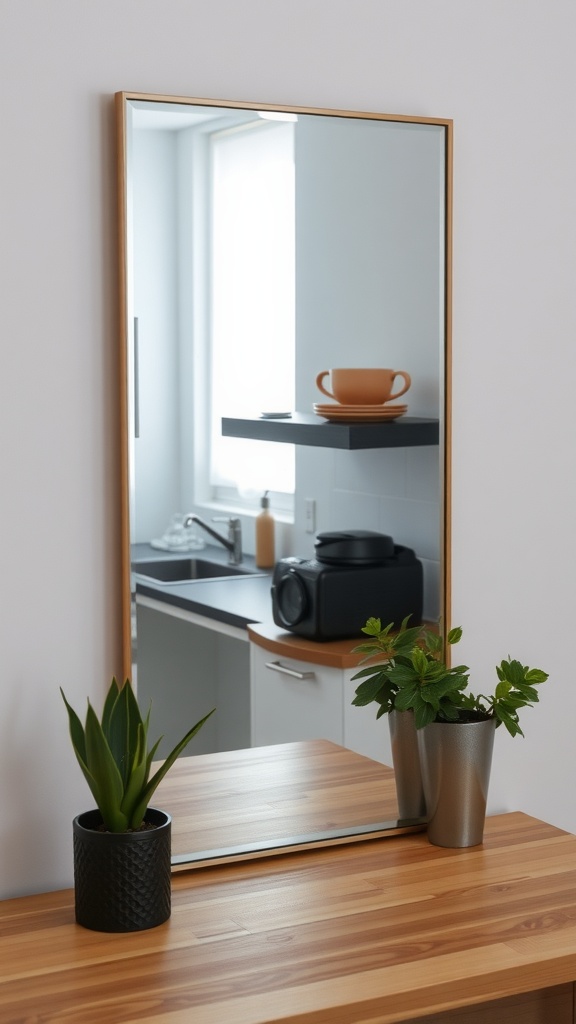 A modern kitchen mirror reflecting a countertop with plants and kitchen items.