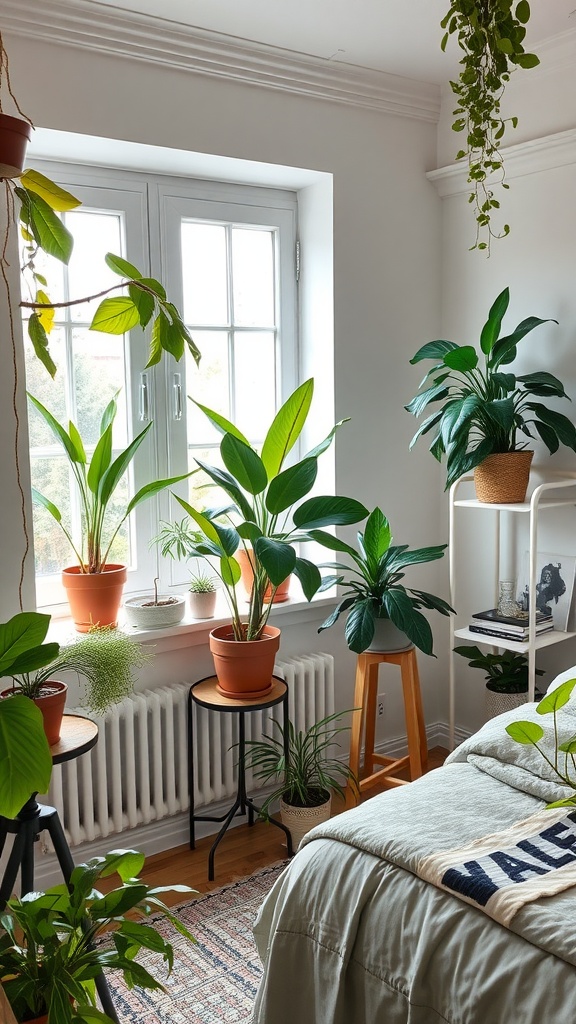 A cozy bedroom filled with various indoor plants, showcasing a tranquil atmosphere.